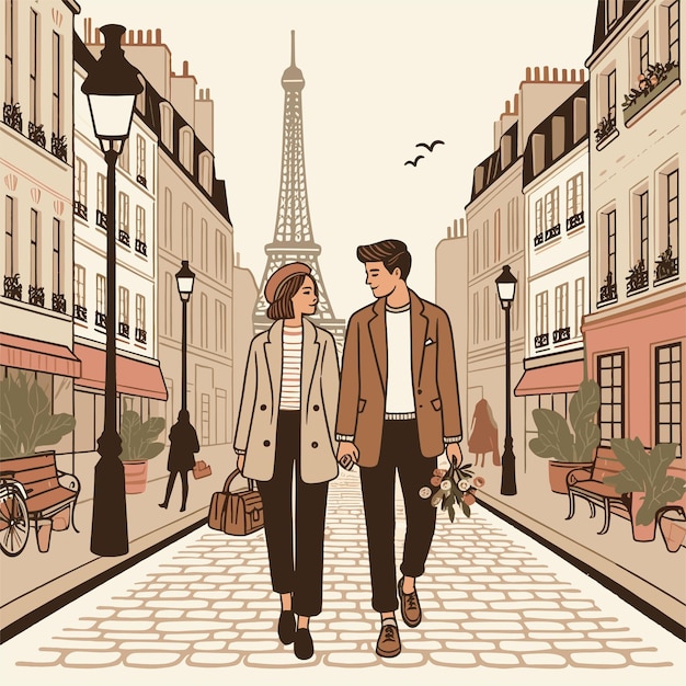Una pareja caminando de la mano a lo largo de una calle de adoquines en París y la Torre Eiffel