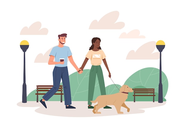 Vector una pareja caminando con un perro en la correa una cita inusual en un parque natural una familia caminando con su mascota descansando