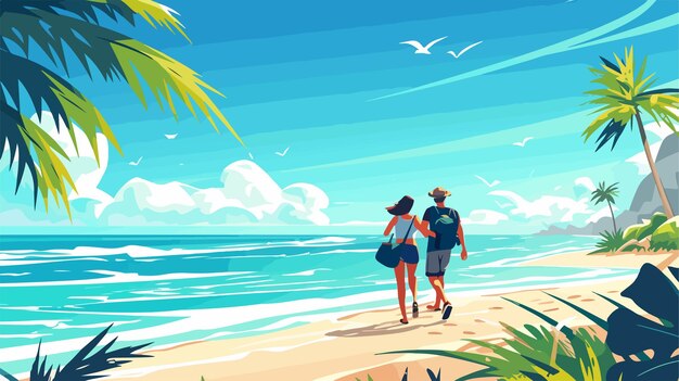 una pareja caminando por la playa frente a una palmera