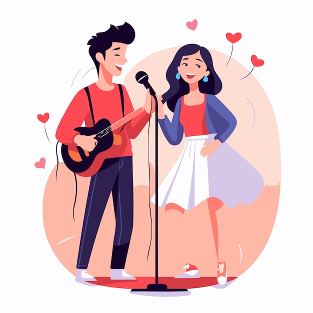 Vector una pareja cantando y tocando la guitarra ilustración vectorial en estilo plano