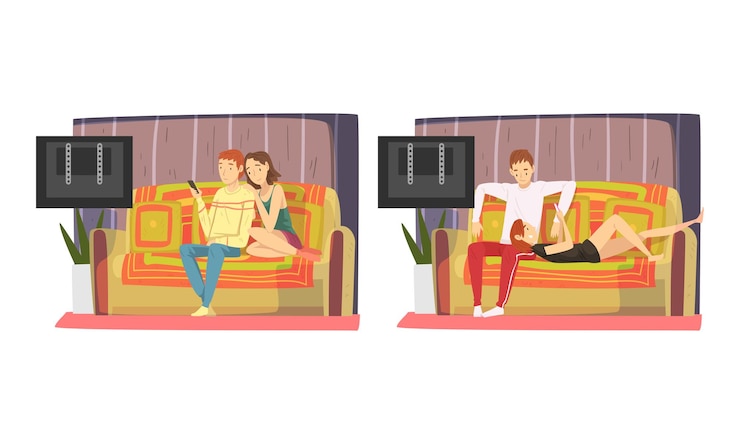 Vector pareja en casa sentada en el sofá y viendo una película juntos