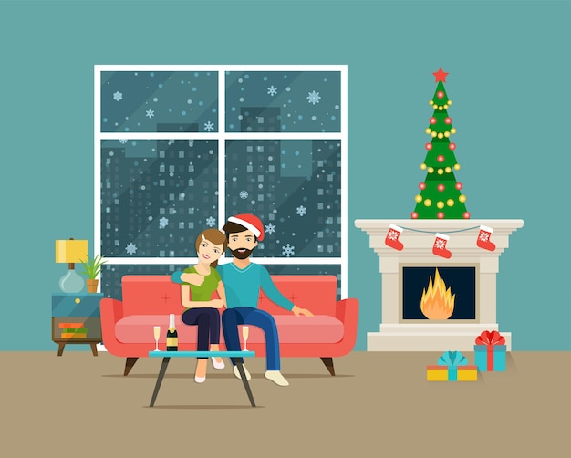 Pareja en casa sentado en el sofá. Interior de la sala de Navidad. Árbol de Navidad, chimenea y sofá. Ilustración vectorial plana
