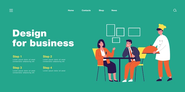 Pareja casada bebiendo champán en el restaurante. Marido y mujer charlando, camarero con ilustración vectorial plana de pedido. Restaurante, concepto de citas para banner, diseño de sitio web o página web de inicio