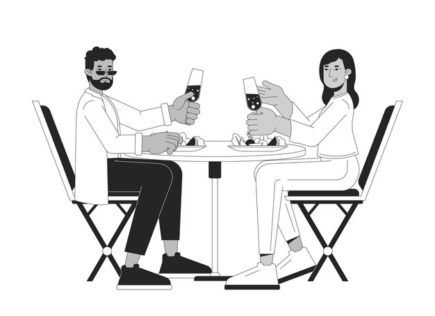 Una pareja casada cenando personajes de dibujos animados en 2D en blanco y negro