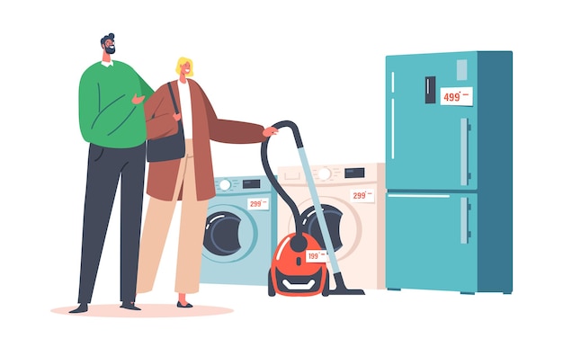 Pareja casada elige nevera y aspiradora en la tienda de electrónica. Concepto de artículos para el hogar de compra familiar. Clientes Personajes Compra de electrodomésticos en el centro comercial. Ilustración de Vector de gente de dibujos animados