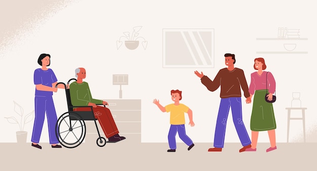 Una pareja casada con su hijo visitan a su abuelo en silla de ruedas en un hospicio
