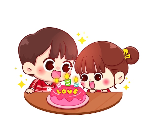 Pareja celebra cumpleaños feliz con pastel, feliz San Valentín, ilustración de personaje de dibujos animados
