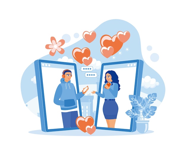 Una pareja celebra el Día de San Valentín en línea Pareja haciendo videollamadas a través de un teléfono inteligente