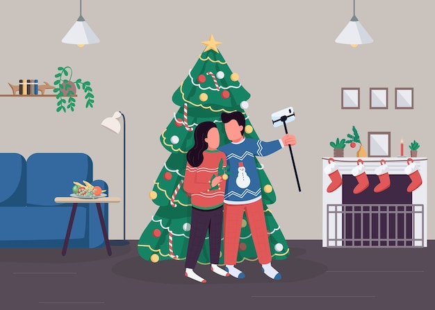 Pareja celebra navidad ilustración de color plano