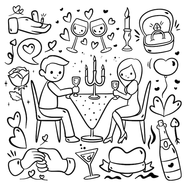 Pareja de cena a la luz de las velas de dibujos animados dibujados a mano, propuesta de matrimonio, elemento romántico