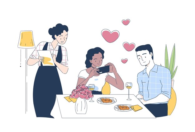 Una pareja cenando hombre y mujer con champán y carne en un café o restaurante personas en romántico