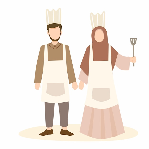 Vector pareja de chefs musulmanes. las mujeres que usan hiyab cocinarán con sus parejas