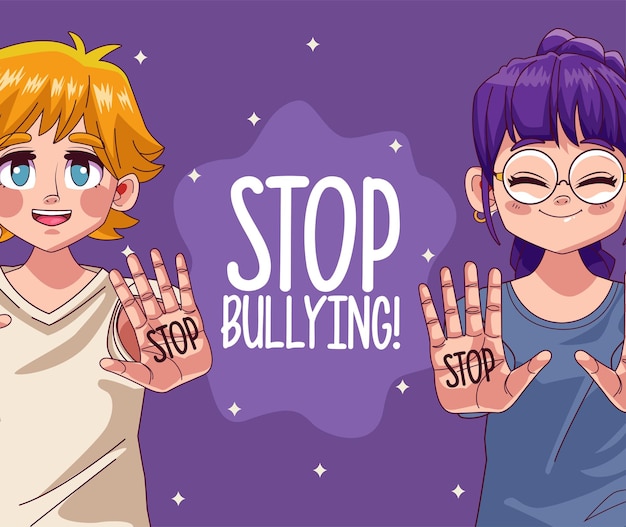 Pareja de chicas jóvenes adolescentes con letras de stop bullying