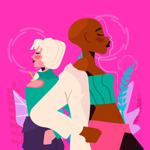 Pareja de chicas con ropa de moda de pie una detrás de la otra generación Z concepto de estilo de vida nueva tendencia demográfica moderna