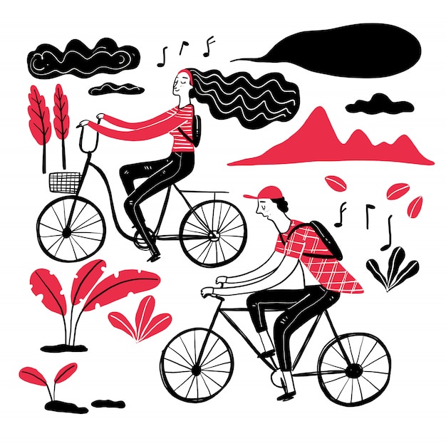 Vector pareja de ciclismo en el parque, colección de dibujado a mano.