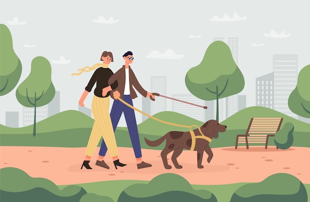 Vector pareja ciega con perro guía caminando en el parque mujer yendo con personajes masculinos con palo al aire libre personajes de dibujos animados