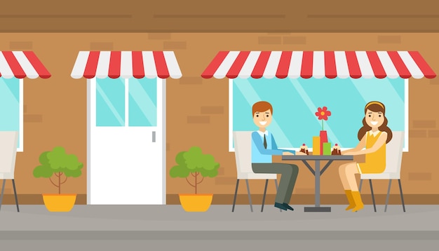 Vector pareja en una cita romántica sonrientes joven y mujer sentados a la mesa y comiendo postres en un café al aire libre en verano ilustración vectorial de dibujos animados