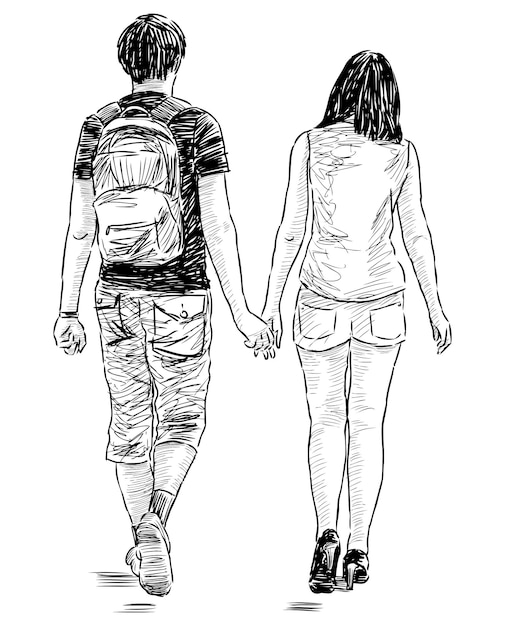Una pareja de ciudadanos jóvenes caminando al aire libre juntos habitantes casuales de la ciudad dibujo vectorial dibujo a mano en blanco y negro aislado en ilustración blanca