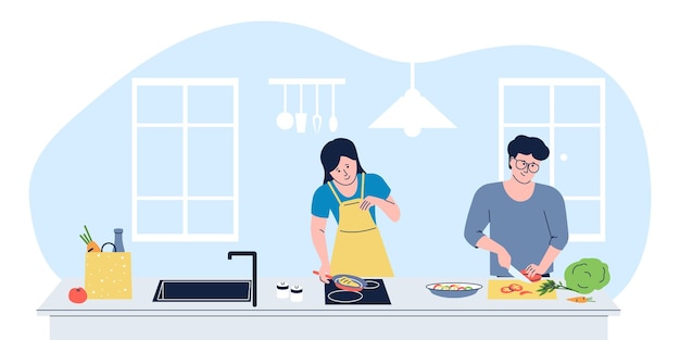 Pareja cocinando comida en la cocina de casa entrega de paquetes de comida en la tienda estudiantes cocinan la cena juntos adultos jóvenes ingredientes preparación vector concepto de pareja juntos en casa ilustración