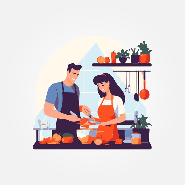 Vector pareja cocinando juntos en casa ilustración vectorial