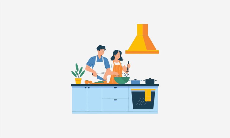 Vector una pareja cocinando juntos en la cocina preparando una comida