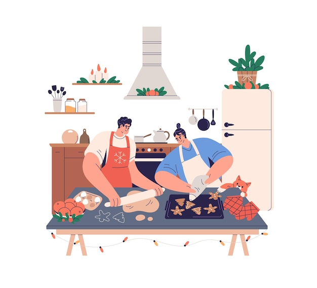 Pareja cocinando panadería, horneando galletas de jengibre para Navidad en la cocina de casa. Gente haciendo pan de jengibre juntos para las vacaciones de invierno de Navidad. Ilustración de vector gráfico plano aislado sobre fondo blanco