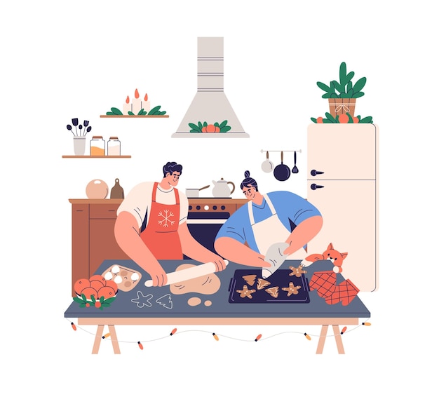 Vector pareja cocinando panadería, horneando galletas de jengibre para navidad en la cocina de casa. gente haciendo pan de jengibre juntos para las vacaciones de invierno de navidad. ilustración de vector gráfico plano aislado sobre fondo blanco