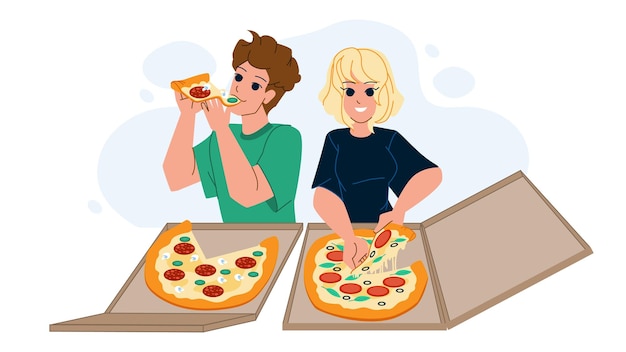 pareja, comida, pizza, vector