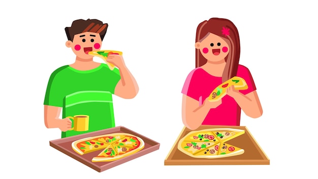 Vector pareja, comida, pizza, vector