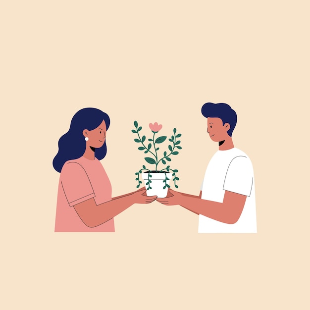 Una pareja comparte una ilustración de regalo de una planta en olla