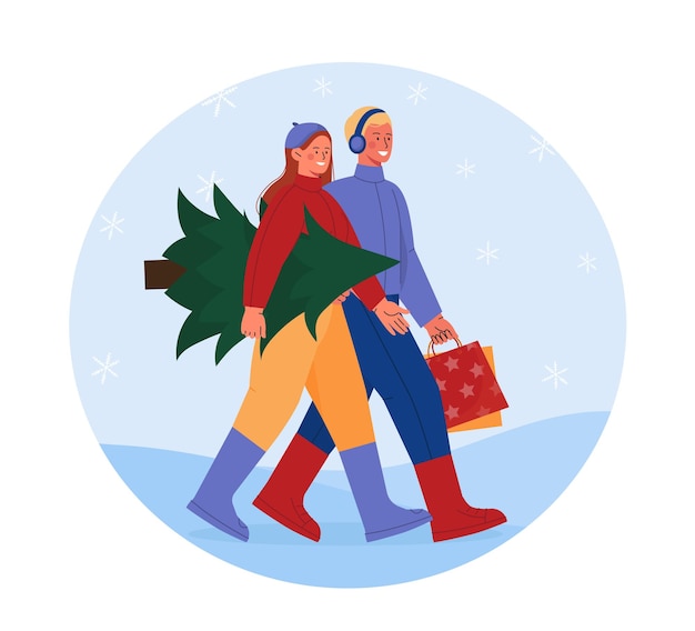 Pareja con compras de Navidad hombre y mujer caminan con bolsa con regalos y árbol de Navidad invierno