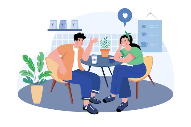 Pareja en el concepto de ilustración de citas en el café sobre fondo blanco