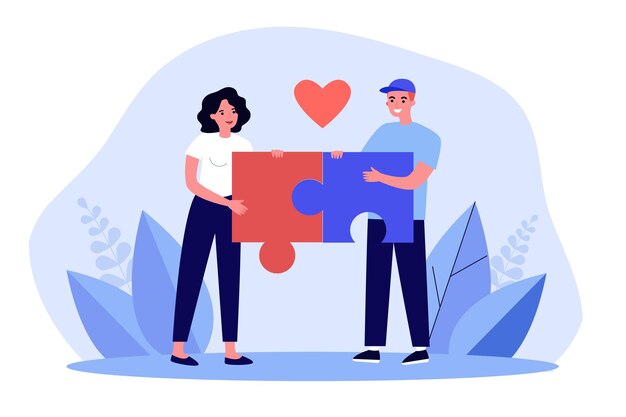 Pareja conectando rompecabezas de relación. Hombre y mujer sosteniendo las piezas del rompecabezas juntas ilustración vectorial plana. Relación, romance, concepto de amor para banner, diseño de sitio web o página de destino