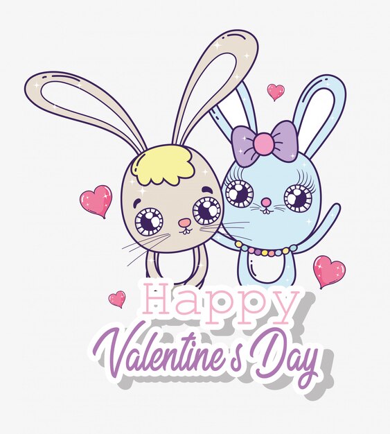 Vector pareja de conejos con corazones para celebrar el día de san valentín.