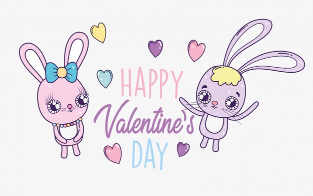 Pareja de conejos con corazones para feliz dia de san valentin