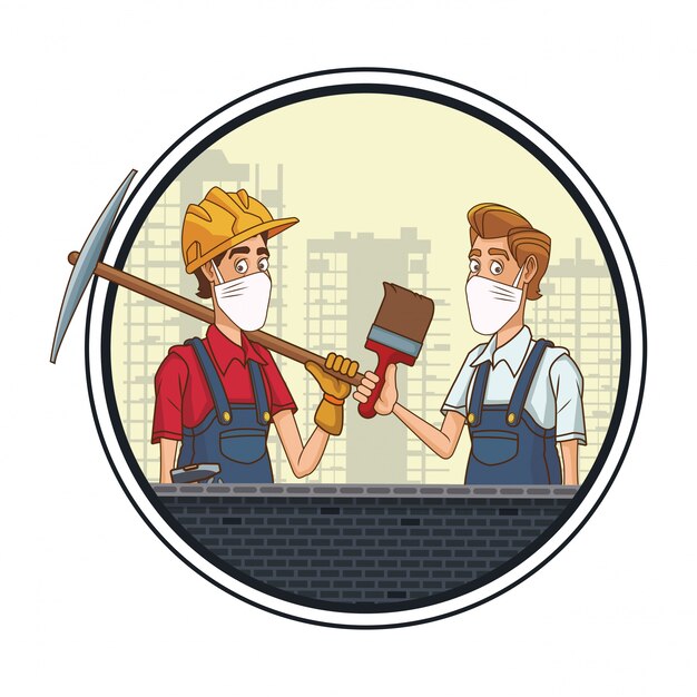 Pareja de constructores con mascarilla