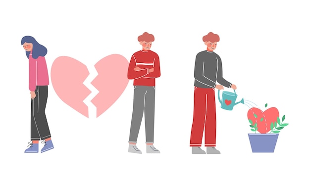 Pareja con el corazón roto y el hombre de riego de la planta Vector Set