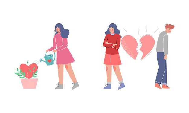 Pareja con el corazón roto y la mujer regando el conjunto vectorial de la planta