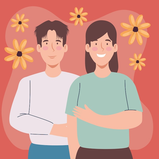 Vector pareja coreana con flores amarillas