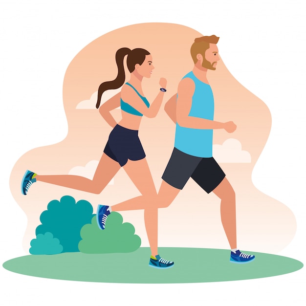 Vector pareja corriendo en paisaje, mujer y hombre en ropa deportiva para correr, personas deportistas, personas deportivas