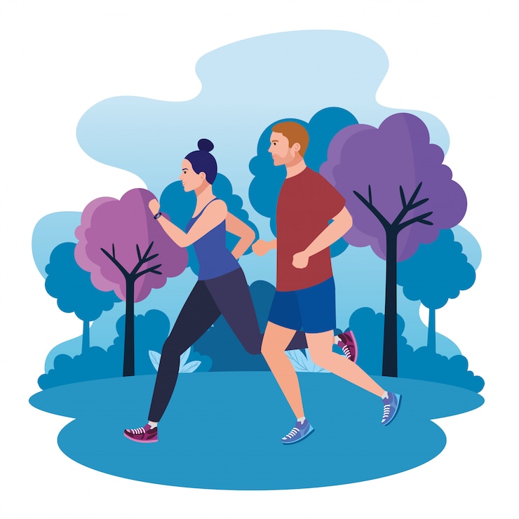 Vector pareja corriendo en el paisaje del parque, pareja corriendo al aire libre, pareja en ropa deportiva corriendo en la naturaleza