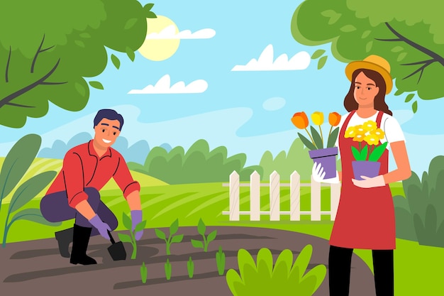 Pareja, cosechar plantas, en, traspatio, hombre y mujer, jardineros