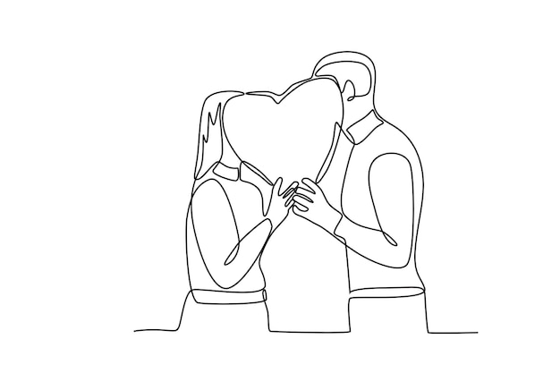 Una pareja cubriendo sus rostros con globos de amor Dia dos namorados concepto dibujo en línea