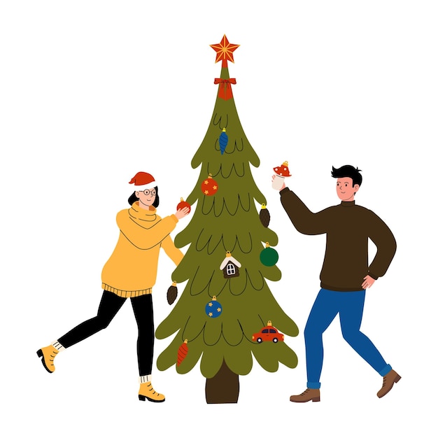 Una pareja decora un árbol de Navidad juntos en casa durante la temporada de vacaciones