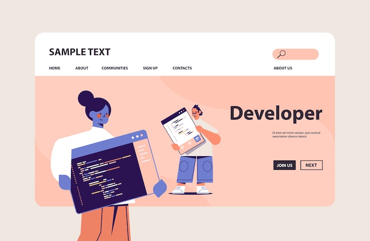 Vector pareja de desarrolladores web creando código de programa desarrollo de software y concepto de programación espacio de copia