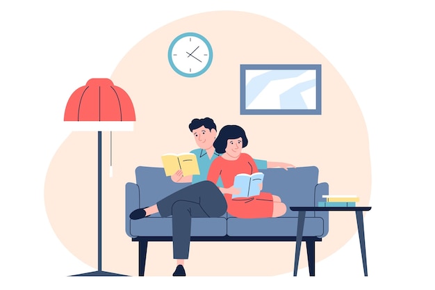 Pareja descansando en un cómodo sofá Fin de semana relajándose juntos en casa leyendo un libro o estudiando Jóvenes adultos descansando en el sofá en la sala de estar escena vectorial reciente escena vectoral reciente