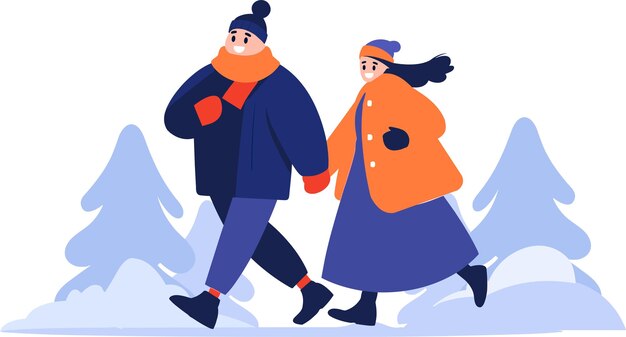 Pareja dibujada a mano con ropa de invierno camina por un camino lleno de nieve en estilo plano aislado en el fondo