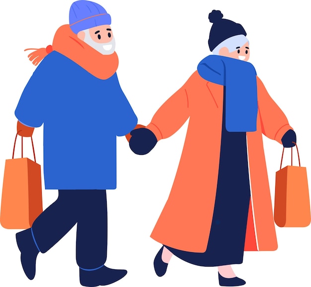 Pareja dibujada a mano con ropa de invierno camina por un camino lleno de nieve en estilo plano aislado en el fondo