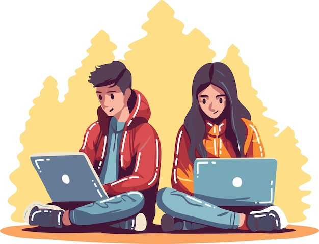 Vector pareja dibujada a mano sentada y usando laptop en estilo plano