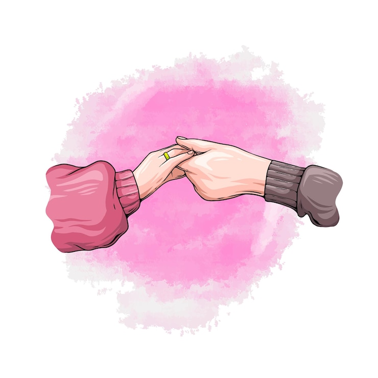 Vector pareja dibujada a mano tomados de la mano en estilo colorido